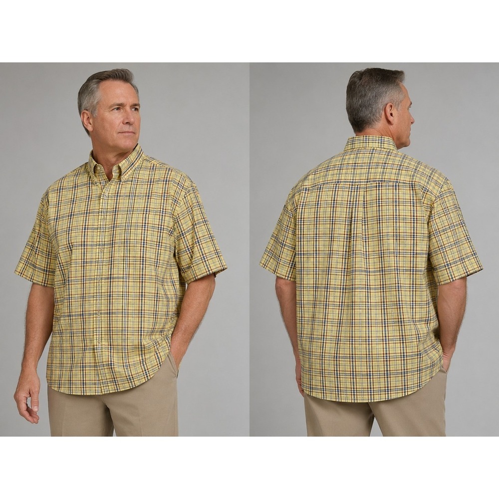 Roundtree & Yorke Men's XL Yellow Plaid Short Sleeve Button Front Shirt Wrinkle